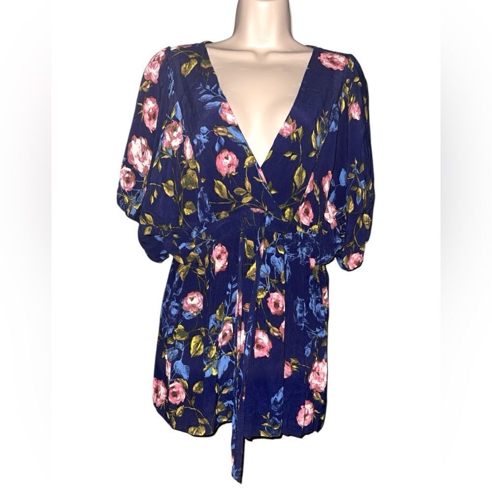 MOTHERHOOD. MATERNITY Navy Floral Tie Front Blouse Large Elastic Under chest